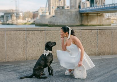 Bride with their dog at a wedding at Tower Bridge